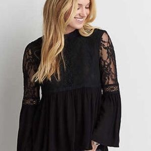 High Collar Lace Blouse w/ Bell Sleeves
